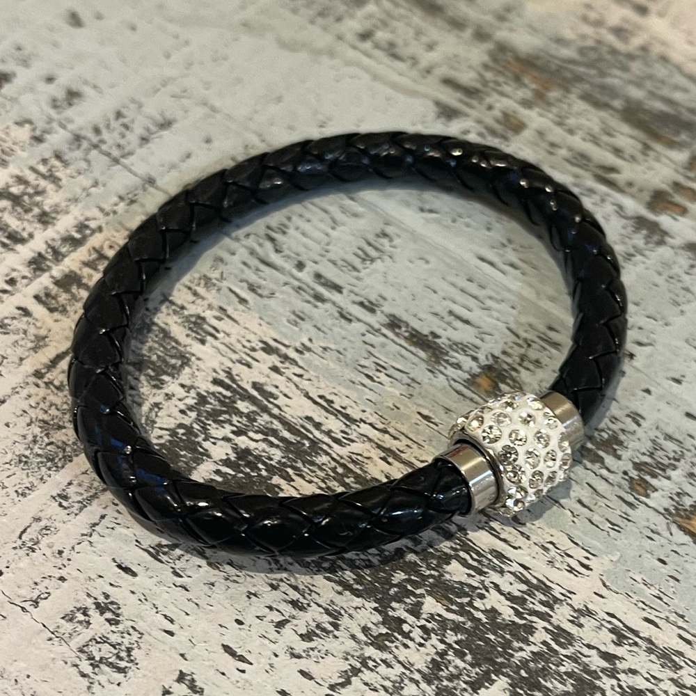 Black Braided leather bracelet rhinestone stainless steel magnetic closure